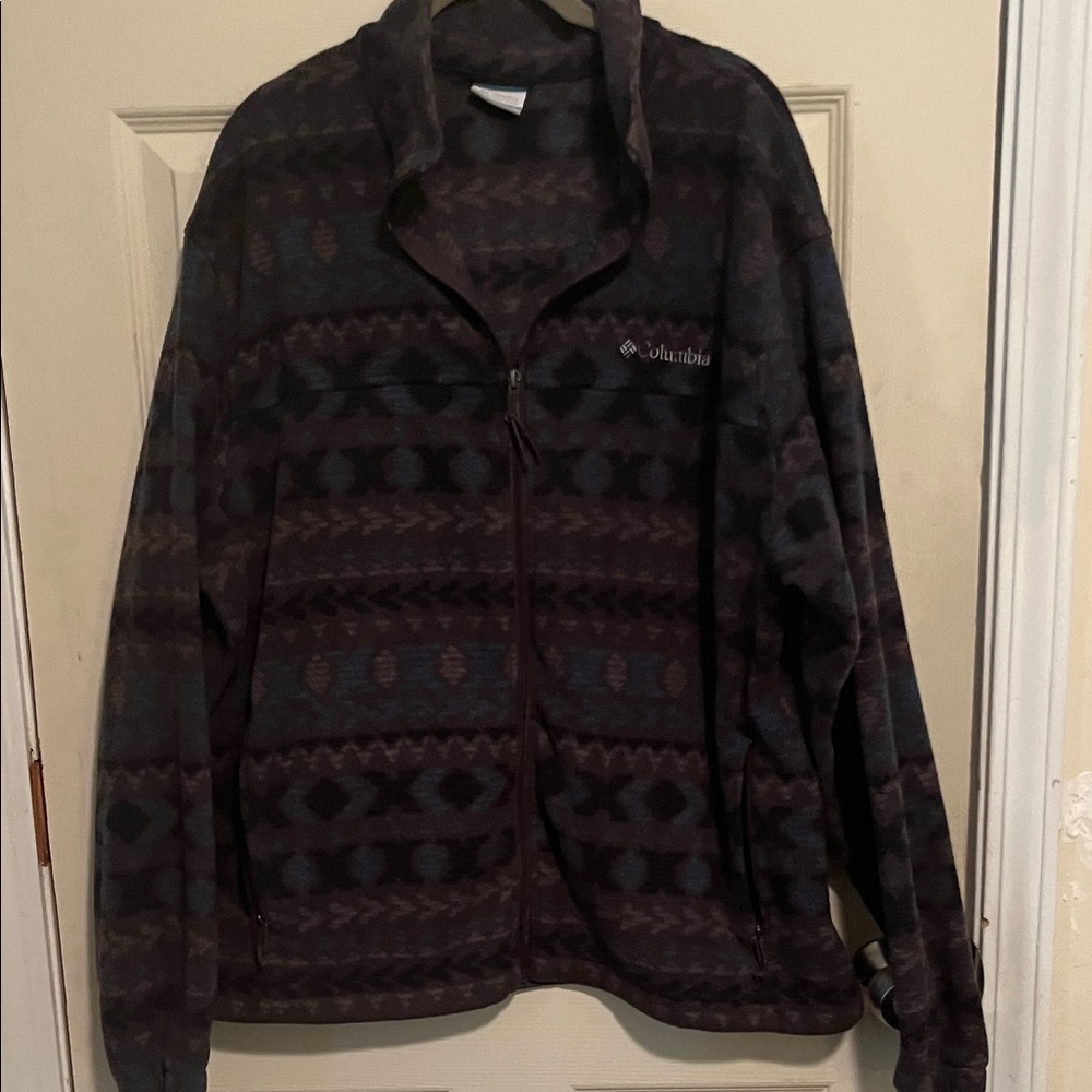 Columbia Men's Brown and Dark Teal Patterned Zip-Up Fleece Jacket